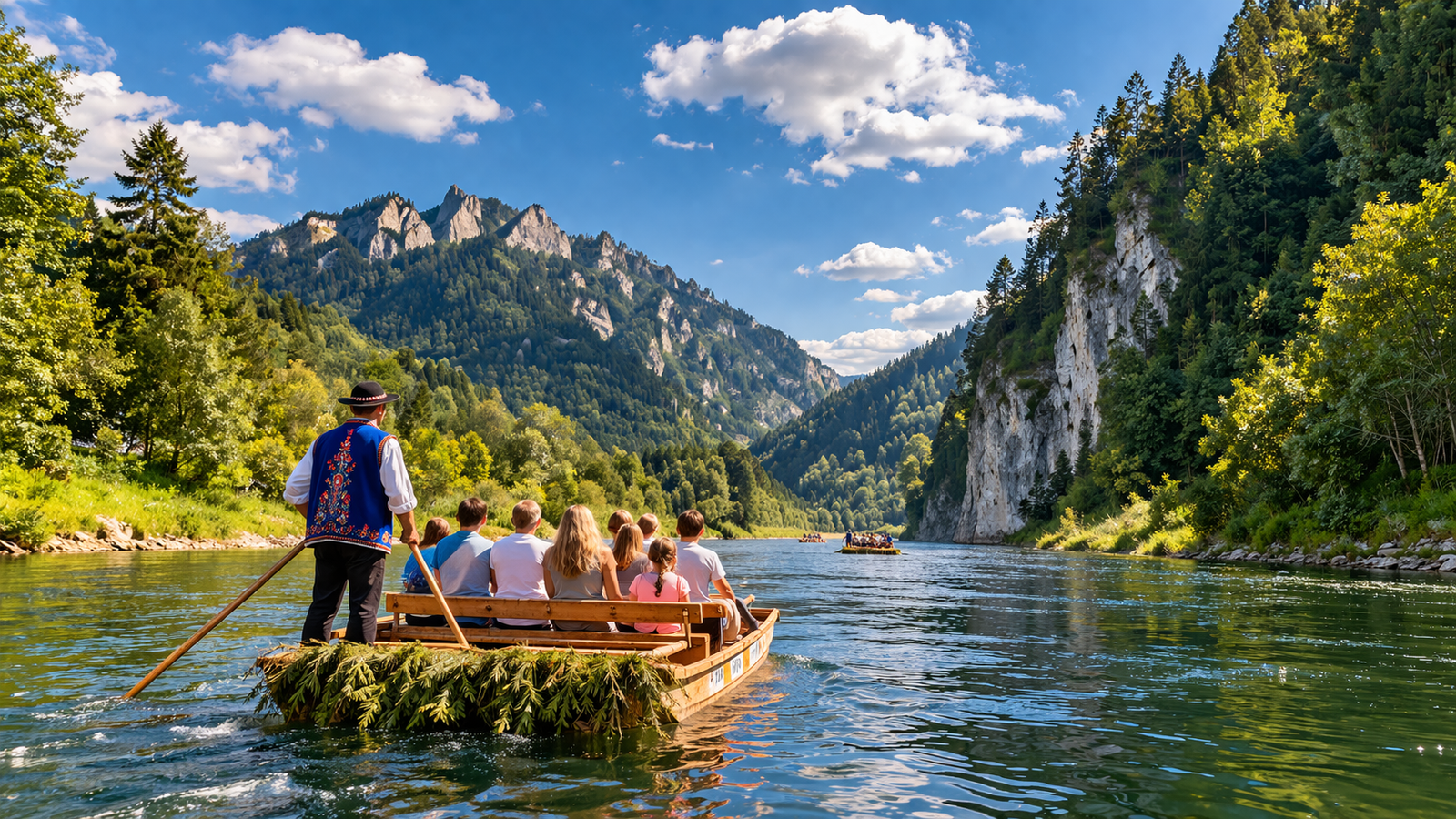 Tradycyjny spływ Dunajcem tratwą flisacką w Pieninach z widokiem na Trzy Korony